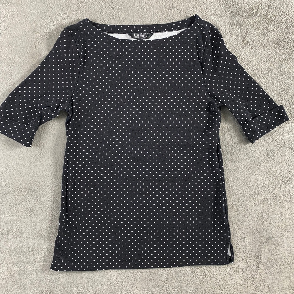 Lauren Ralph Lauren Top Womens M Black Polka Dot‎ Boat Neck Cuffed Elbow Sleeve